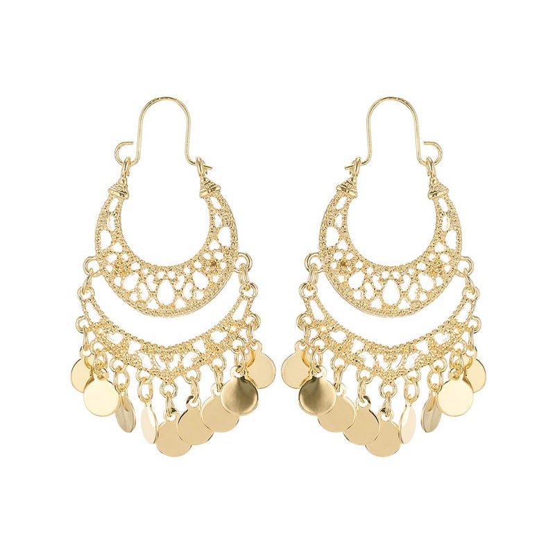 NTLX Bohemian Boho Chandelier Dangle Drop Earrings for Women â€“ Lightweight Filigree Gypsy Coin Disc Tassel Charm Hoops â€“ included Gift Box (Gold) - Image 1